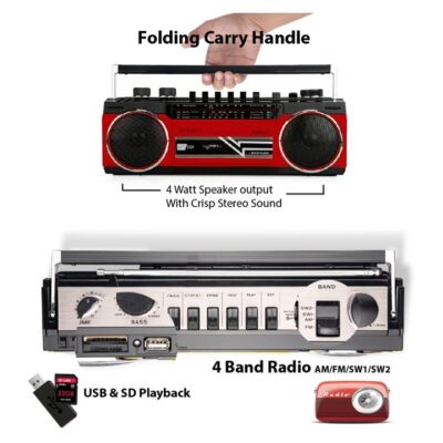 Riptunes Retro AM/FM/SW Radio + Cassette Boombox with Bluetooth and USB/SD card